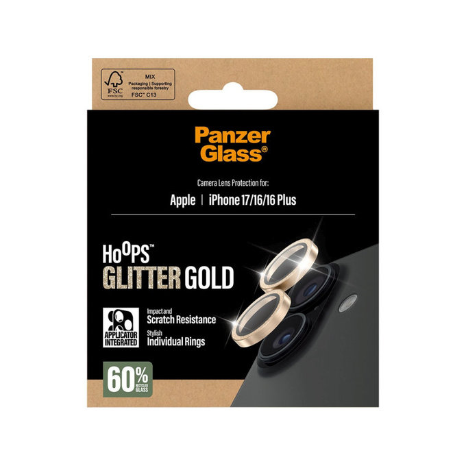 Zaštita objektiva kamere Hoops za iPhone 17/16 Plus/16, Glitter Gold, PanzerGlass
