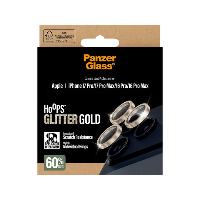 Zaštita objektiva kamere Hoops za iPhone 17 Pro Max/17 Pro/16 Pro Max/16 Pro, Glitter Gold, PanzerGlass