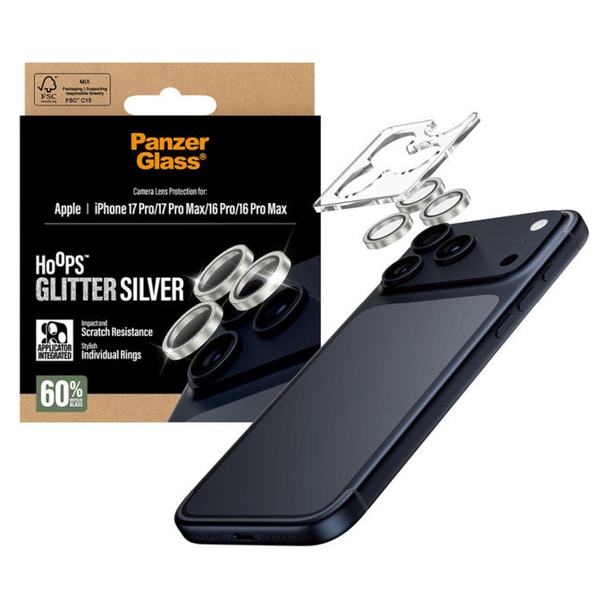 Zaštita objektiva kamere Hoops za iPhone 17 Pro Max/17 Pro/16 Pro Max/16 Pro, Glitter Silver, PanzerGlass