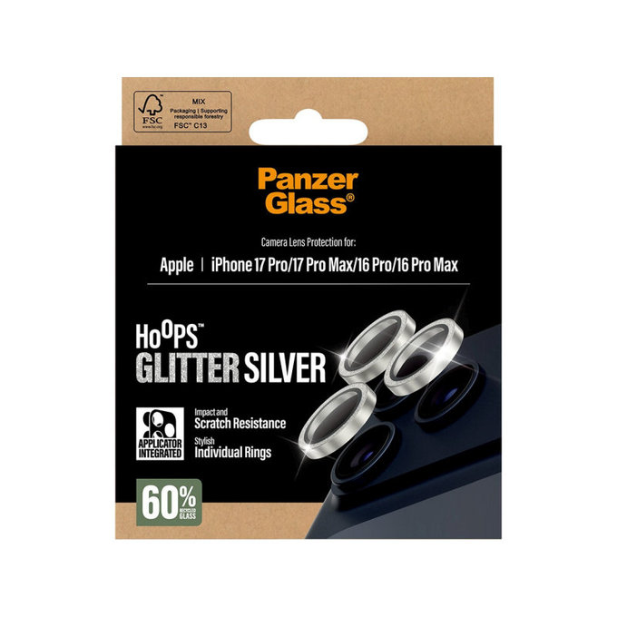 Zaštita objektiva kamere Hoops za iPhone 17 Pro Max/17 Pro/16 Pro Max/16 Pro, Glitter Silver, PanzerGlass