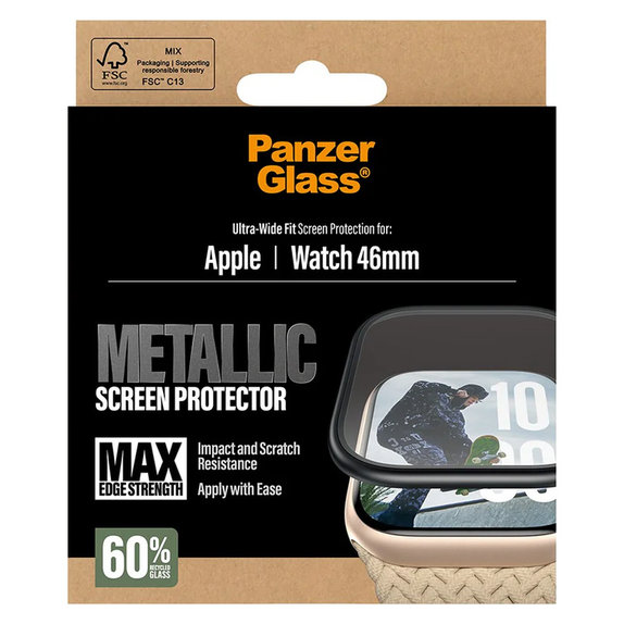 Kaljeno staklo UWF METALLIC za Apple Watch 11/10 46 mm, Crna, PanzerGlass