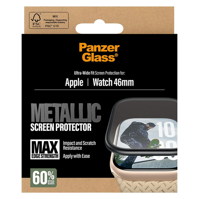 Kaljeno staklo UWF METALLIC za Apple Watch 11/10 46 mm, Crna, PanzerGlass
