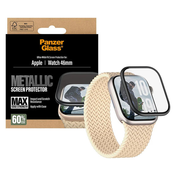 Kaljeno staklo UWF METALLIC za Apple Watch 11/10 46 mm, Crna, PanzerGlass