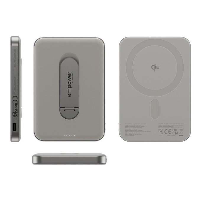Bežična PowerBank 5000 mAh, s okretnim stalkom 20 W, kompatibilna s MagSafe, Qi2/USB-C, Titan, empower