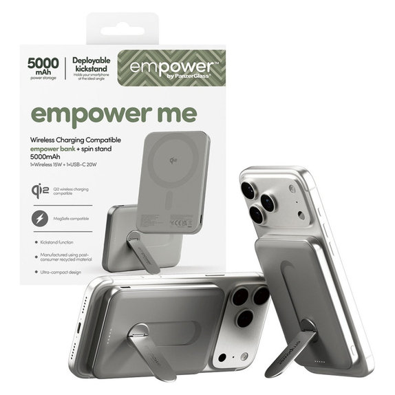 Bežična PowerBank 5000 mAh, s okretnim stalkom 20 W, kompatibilna s MagSafe, Qi2/USB-C, Titan, empower