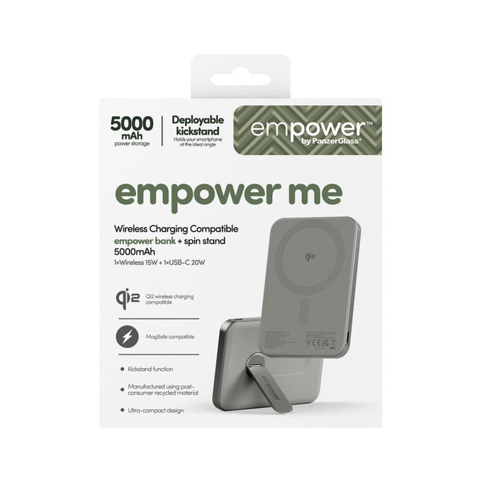 Bežična PowerBank 5000 mAh, s okretnim stalkom 20 W, kompatibilna s MagSafe, Qi2/USB-C, Titan, empower