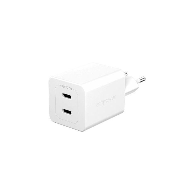 Putni adapter Grand Prix 2x USB-C, GaN, 45 W PD, Srebrno-bijela, empower