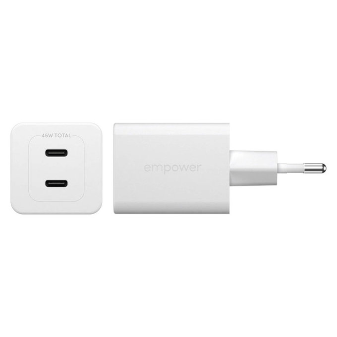 Putni adapter Grand Prix 2x USB-C, GaN, 45 W PD, Srebrno-bijela, empower