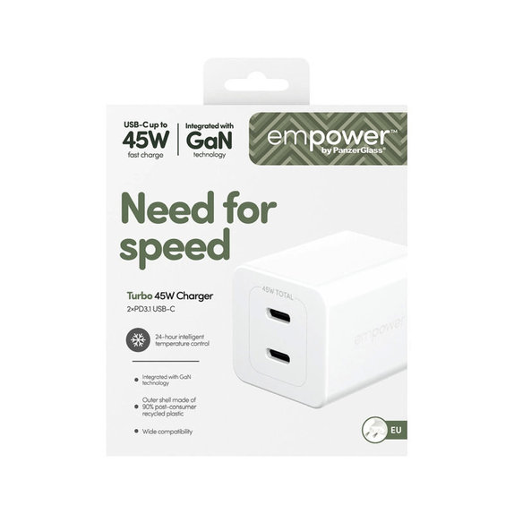 Putni adapter Grand Prix 2x USB-C, GaN, 45 W PD, Srebrno-bijela, empower