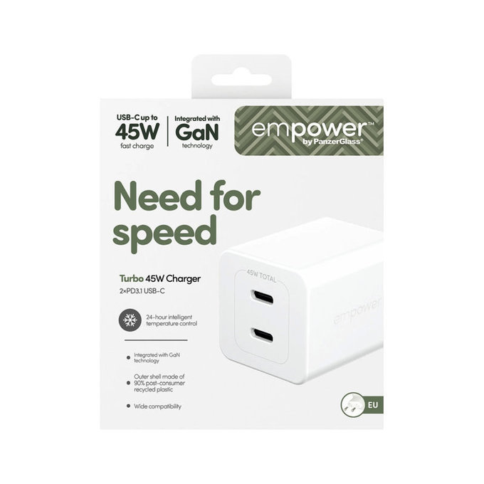 Putni adapter Grand Prix 2x USB-C, GaN, 45 W PD, Srebrno-bijela, empower