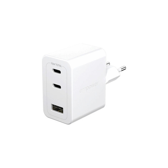 Putni adapter Grand Prix 2x USB-C/USB-A, GaN, 70 W PD, Srebrno-bijela, empower