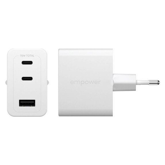 Putni adapter Grand Prix 2x USB-C/USB-A, GaN, 70 W PD, Srebrno-bijela, empower