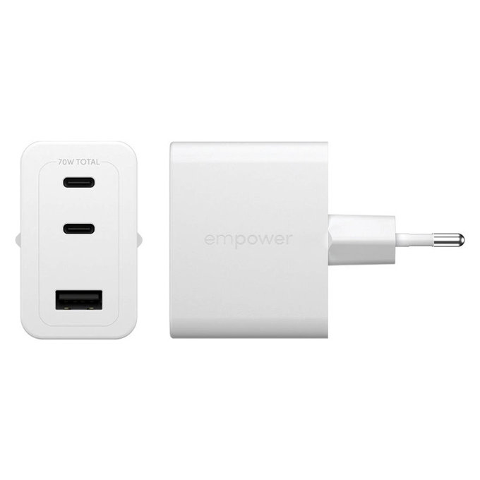 Putni adapter Grand Prix 2x USB-C/USB-A, GaN, 70 W PD, Srebrno-bijela, empower