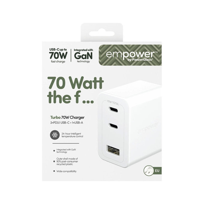 Putni adapter Grand Prix 2x USB-C/USB-A, GaN, 70 W PD, Srebrno-bijela, empower