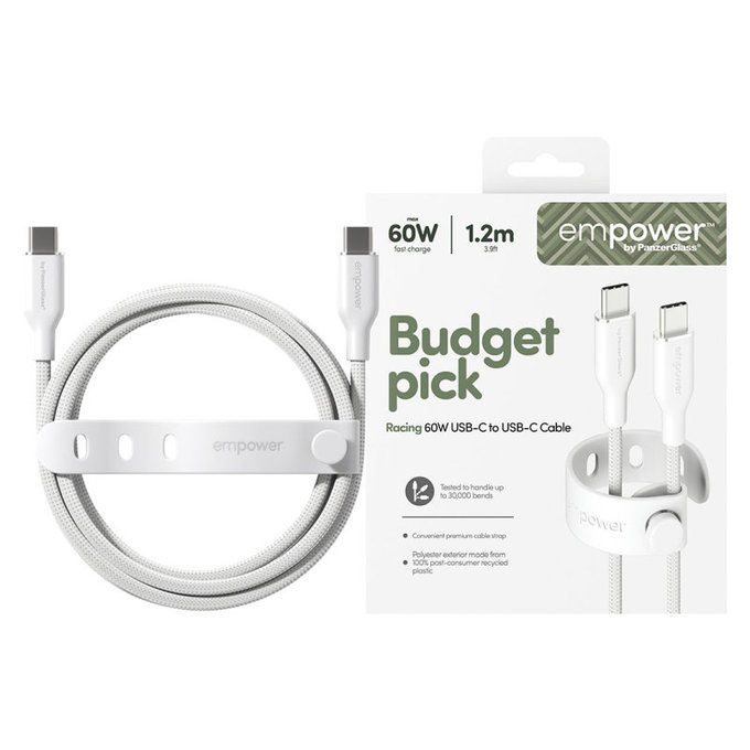 Kabel USB-C, 60 W, Racing, 1,2 m, srebrno-bijeli, empower
