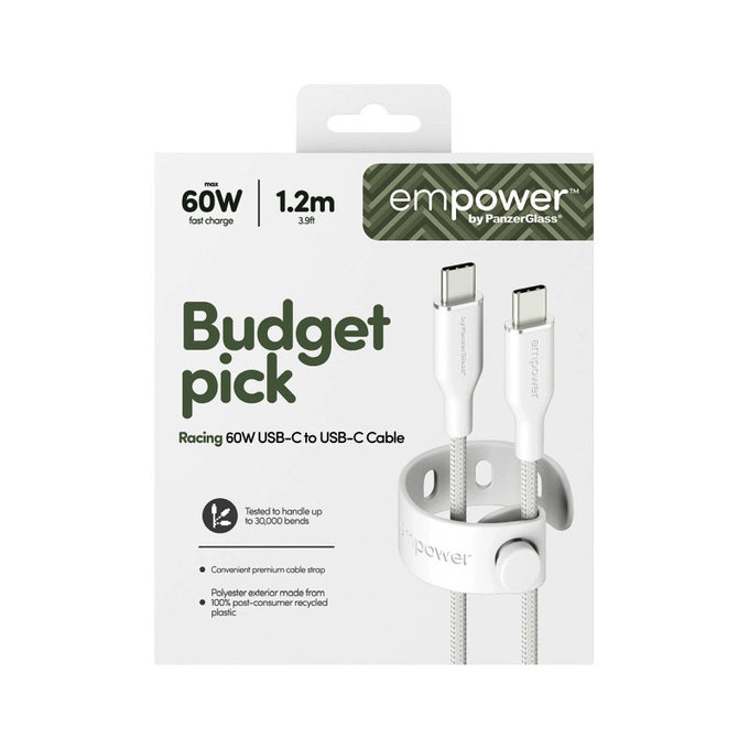 Kabel USB-C, 60 W, Racing, 1,2 m, srebrno-bijeli, empower