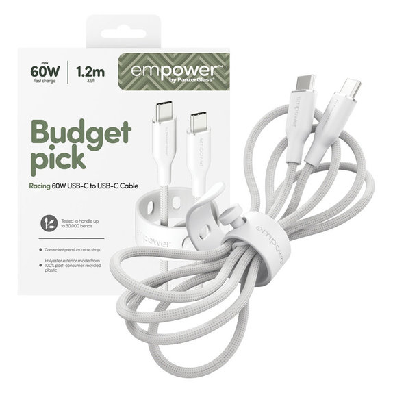 Kabel USB-C, 60 W, Racing, 1,2 m, srebrno-bijeli, empower