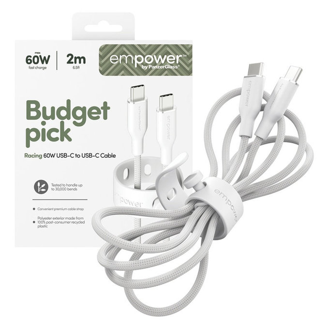 Kabel USB-C, 60 W, Racing, 2 m, Srebrno-bijela, empower