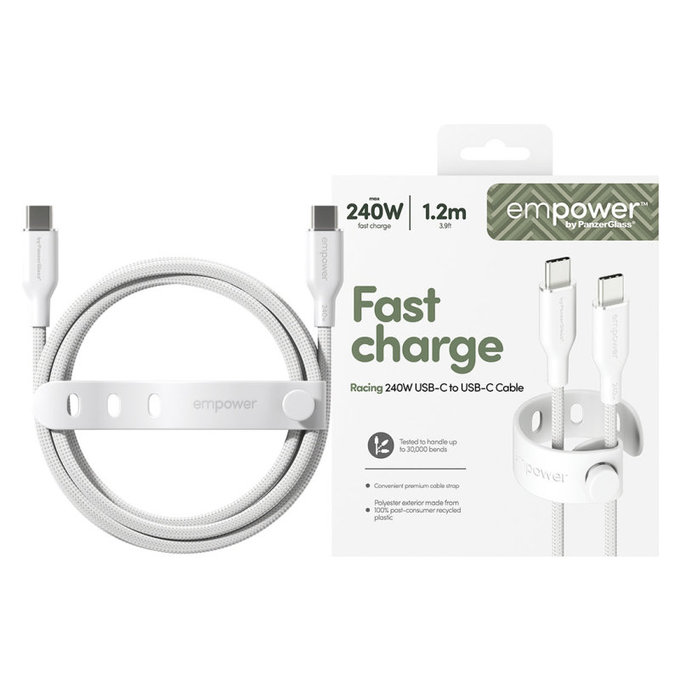 Kabel USB-C, 240 W, Racing, 1,2 m, srebrno-bijeli, empower