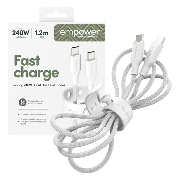 Kabel USB-C, 240 W, Racing, 1,2 m, srebrno-bijeli, empower