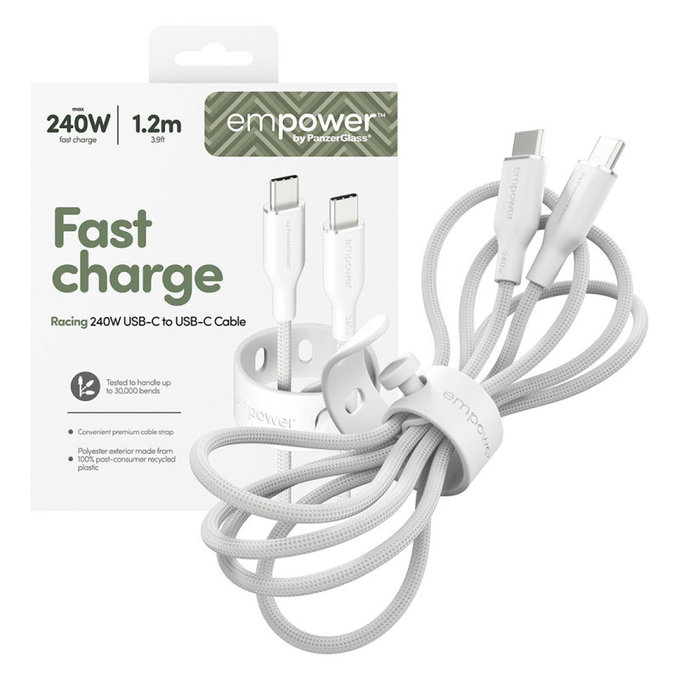 Kabel USB-C, 240 W, Racing, 1,2 m, srebrno-bijeli, empower