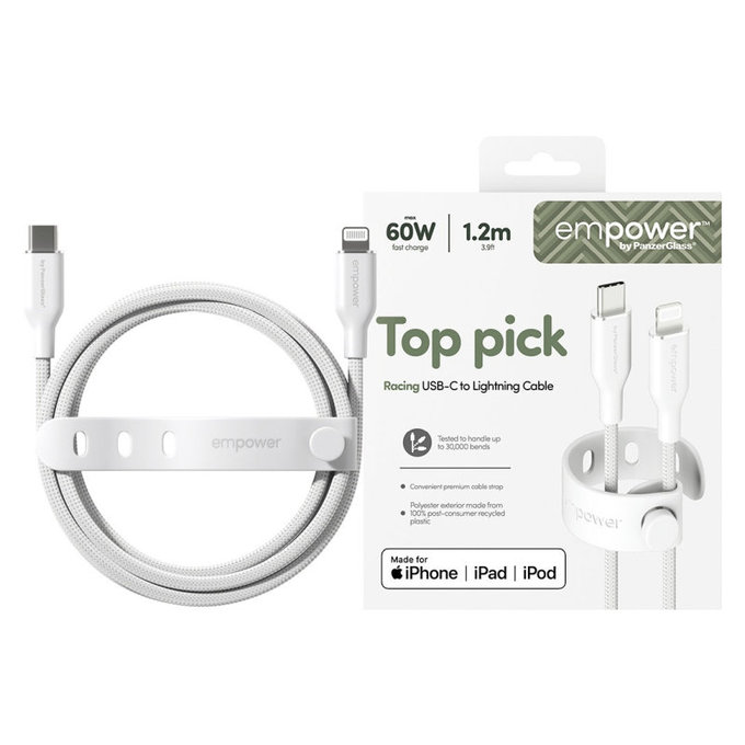 Kabel USB-C/Lightning, 60 W, Racing, 1, 2 m, Srebrno-bijela, empower