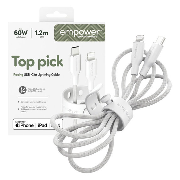 Kabel USB-C/Lightning, 60 W, Racing, 1, 2 m, Srebrno-bijela, empower
