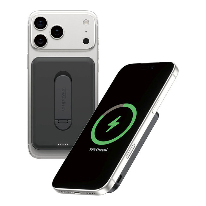 Bežična PowerBank 5000 mAh s rotirajućim postoljem, 20 W, kompatibilna s MagSafe, Qi2/USB-C, Space Black, empower
