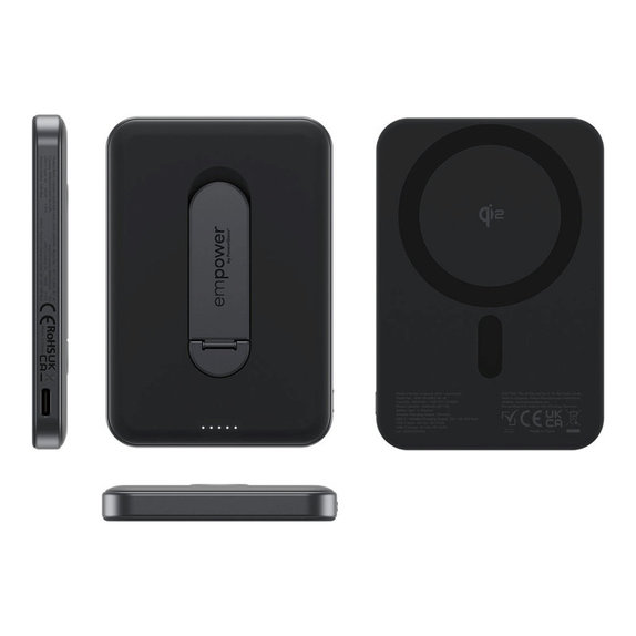 Bežična PowerBank 5000 mAh s rotirajućim postoljem, 20 W, kompatibilna s MagSafe, Qi2/USB-C, Space Black, empower