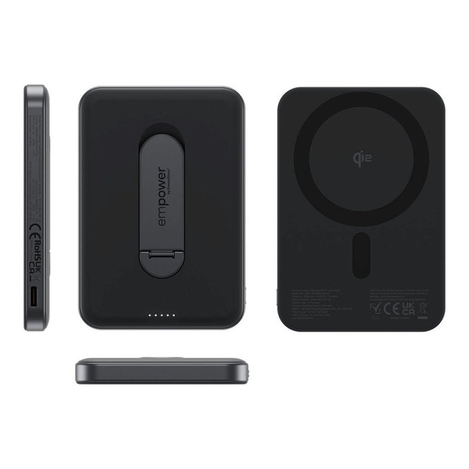Bežična PowerBank 5000 mAh s rotirajućim postoljem, 20 W, kompatibilna s MagSafe, Qi2/USB-C, Space Black, empower