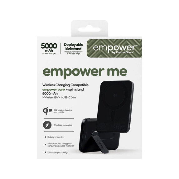 Bežična PowerBank 5000 mAh s rotirajućim postoljem, 20 W, kompatibilna s MagSafe, Qi2/USB-C, Space Black, empower