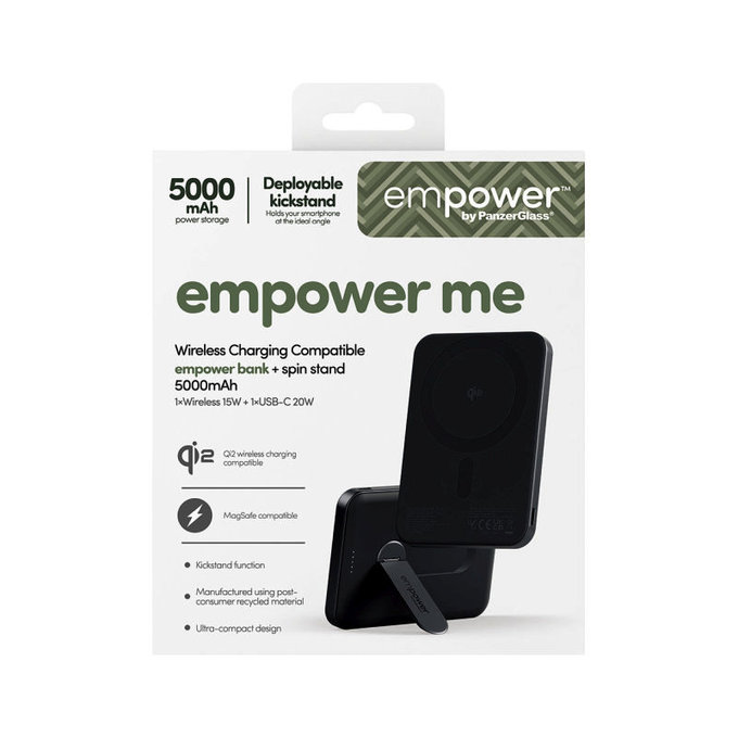 Bežična PowerBank 5000 mAh s rotirajućim postoljem, 20 W, kompatibilna s MagSafe, Qi2/USB-C, Space Black, empower