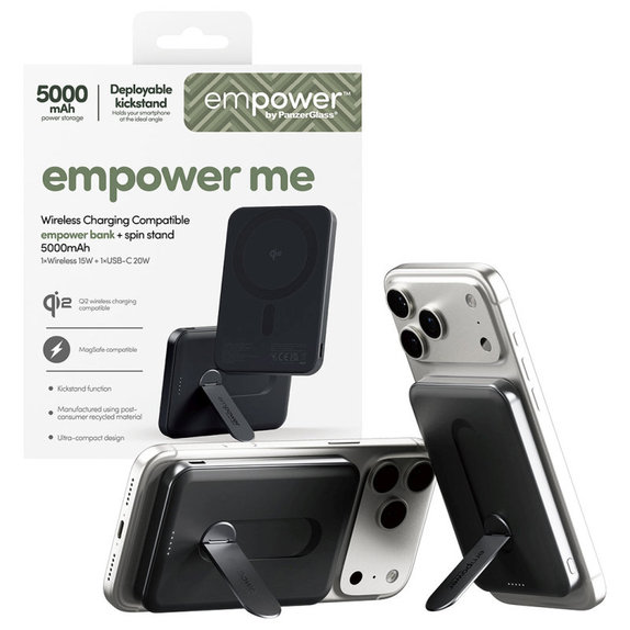 Bežična PowerBank 5000 mAh s rotirajućim postoljem, 20 W, kompatibilna s MagSafe, Qi2/USB-C, Space Black, empower