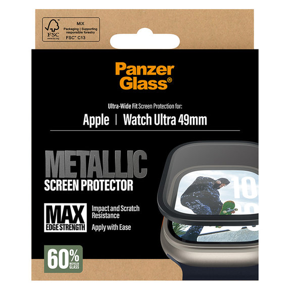 Kaljeno staklo UWF METALLIC za Apple Watch Ultra 49 mm, Crna, PanzerGlass