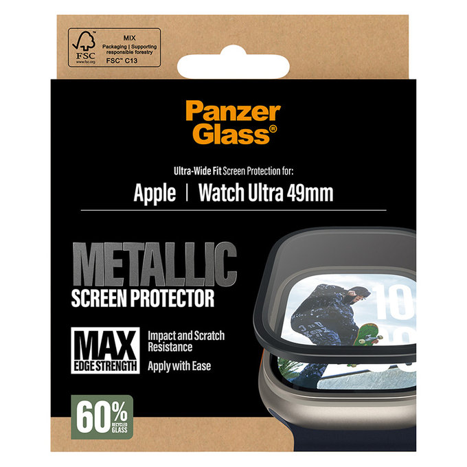 Kaljeno staklo UWF METALLIC za Apple Watch Ultra 49 mm, Crna, PanzerGlass