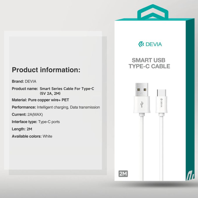 USB / USB-C kabel Smart, 2.1A, 2m, bijela, Devia