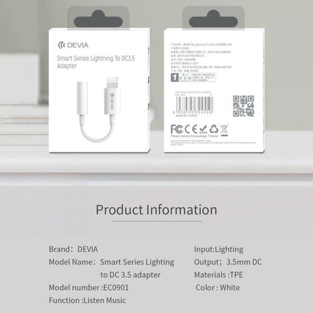 Adapter Smart 3,5mm Jack / Lightning, bijela, Devia