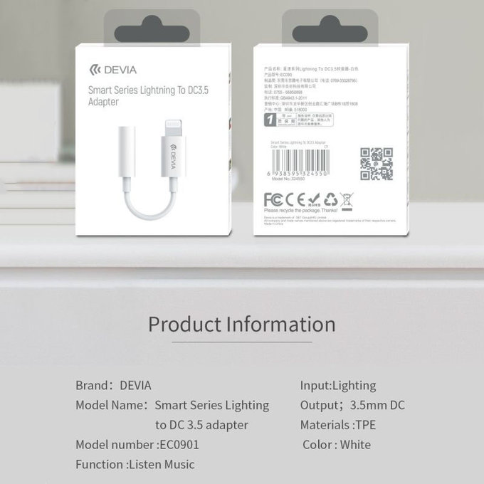 Adapter Smart 3,5mm Jack / Lightning, bijela, Devia