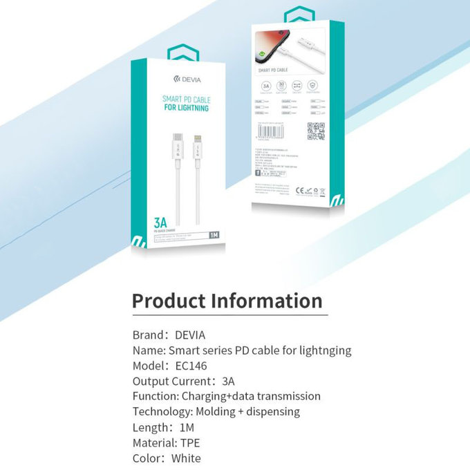 Lightning / USB-C kabel Smart, PD 20W, 1m, bijela, Devia