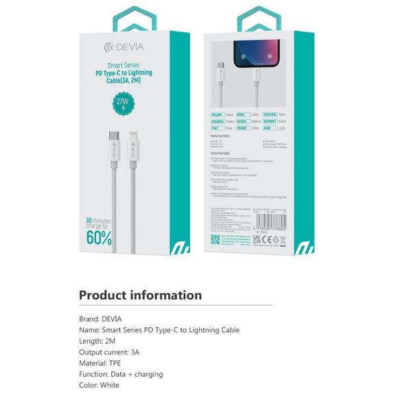 Lightning / USB-C kabel Smart, PD 27W, 2m, bijela, Devia