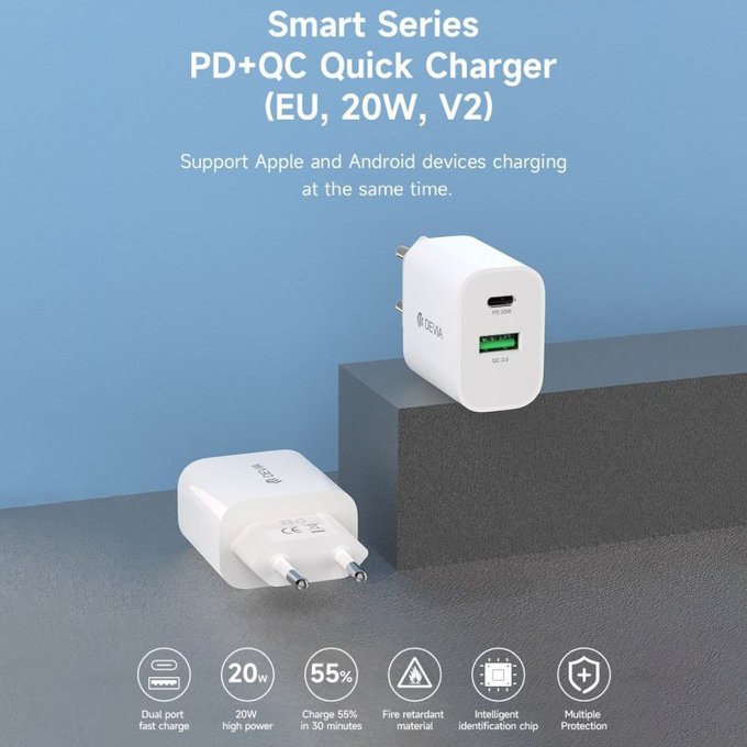 Punjač Smart USB-C + USB-A, PD 20W, bijela, Devia