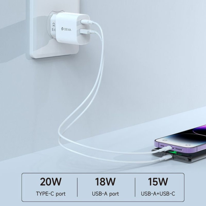 Punjač Smart USB-C + USB-A, PD 20W, bijela, Devia