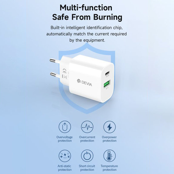 Punjač Smart USB-C + USB-A, PD 20W, bijela, Devia