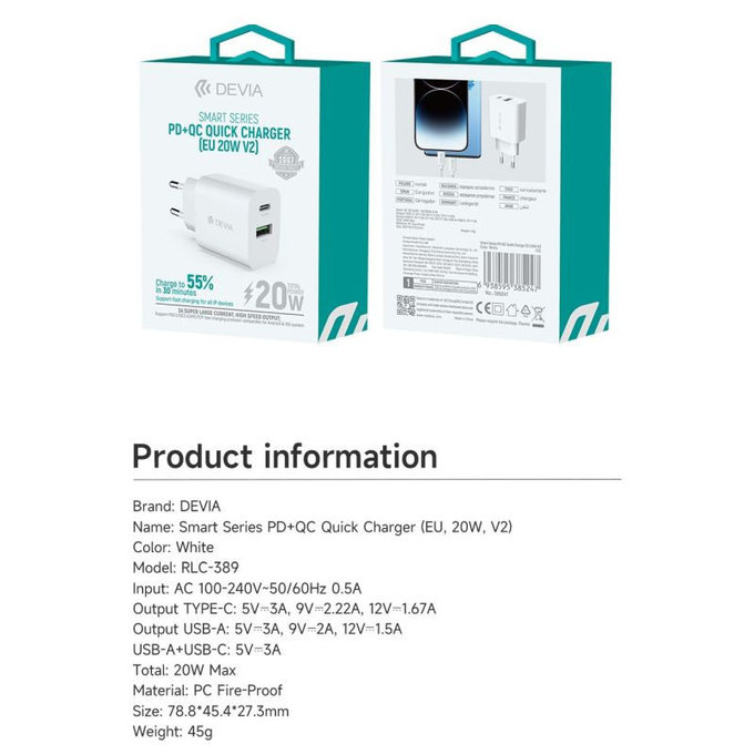 Punjač Smart USB-C + USB-A, PD 20W, bijela, Devia