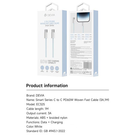 USB-C / USB-C kabel Smart, PD 60W, 1m, bijela, Devia