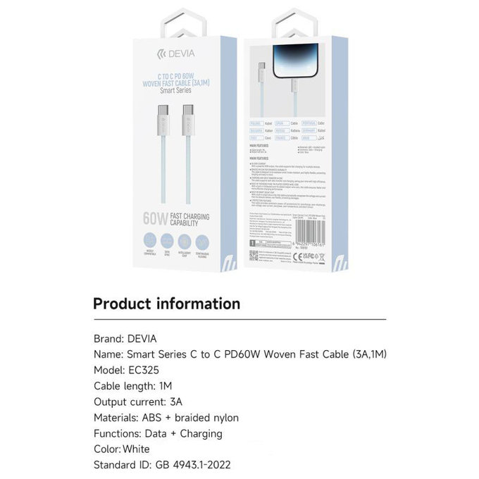 USB-C / USB-C kabel Smart, PD 60W, 1m, bijela, Devia
