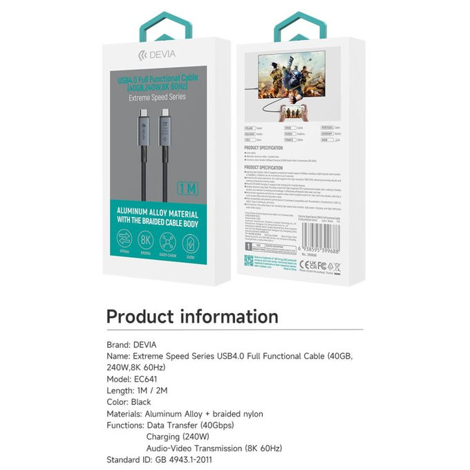 USB-C / USB-C kabel Extreme Speed, 240W, 8K 60Hz, 1m, crna, Devia