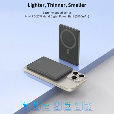 MagSafe PowerBank Extreme Speed Mini s displayom, PD 20W, 5000mAh, Space Grey, Devia