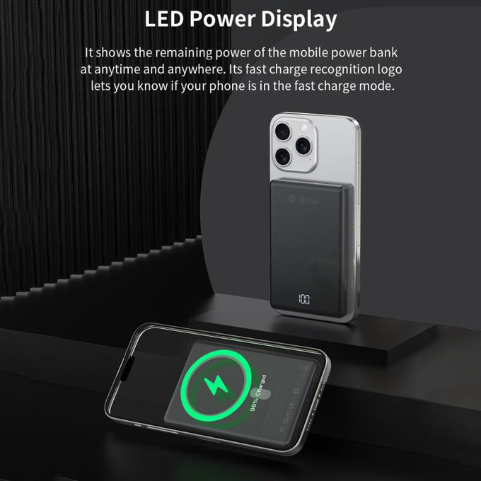 MagSafe PowerBank Extreme Speed Mini s displayom, PD 20W, 5000mAh, Space Grey, Devia