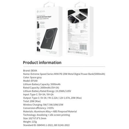 MagSafe PowerBank Extreme Speed Mini s displayom, PD 20W, 5000mAh, Space Grey, Devia